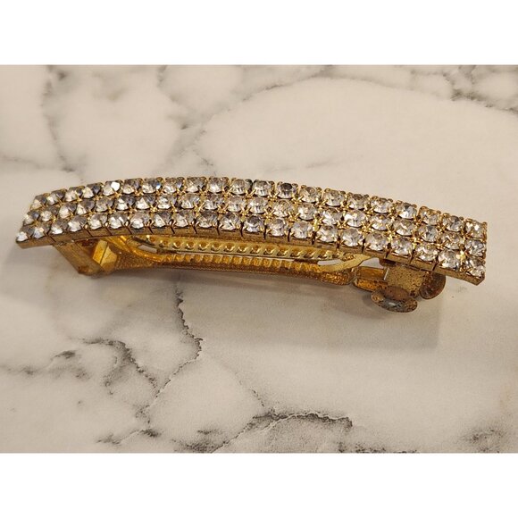 Vintage Gold Tone & Rhinestone Hair Clip Barrette - Picture 2 of 4